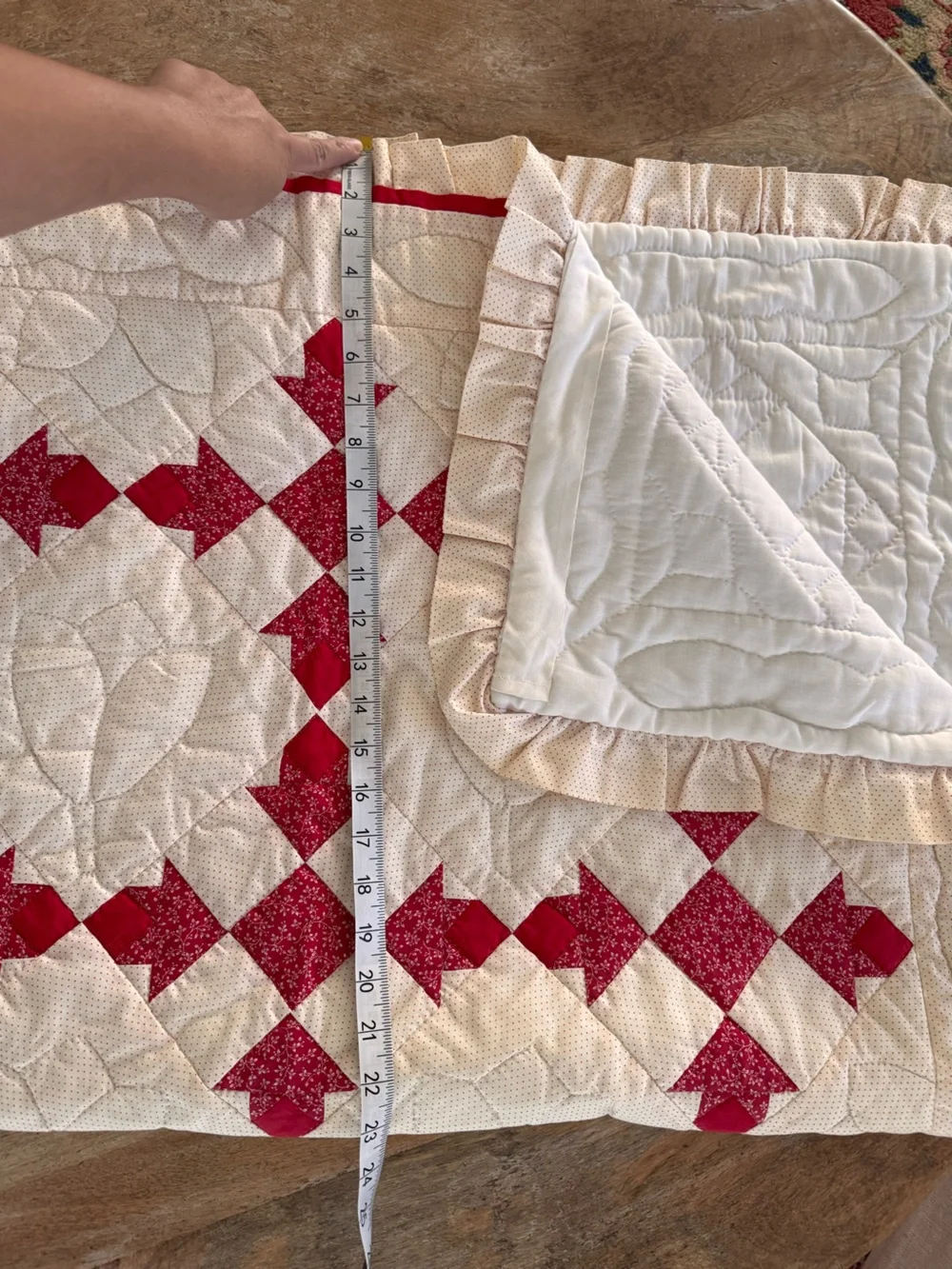 Vintage Handmade Flying Geese quilt pattern Red Cream Micro Floral Ruffle edge